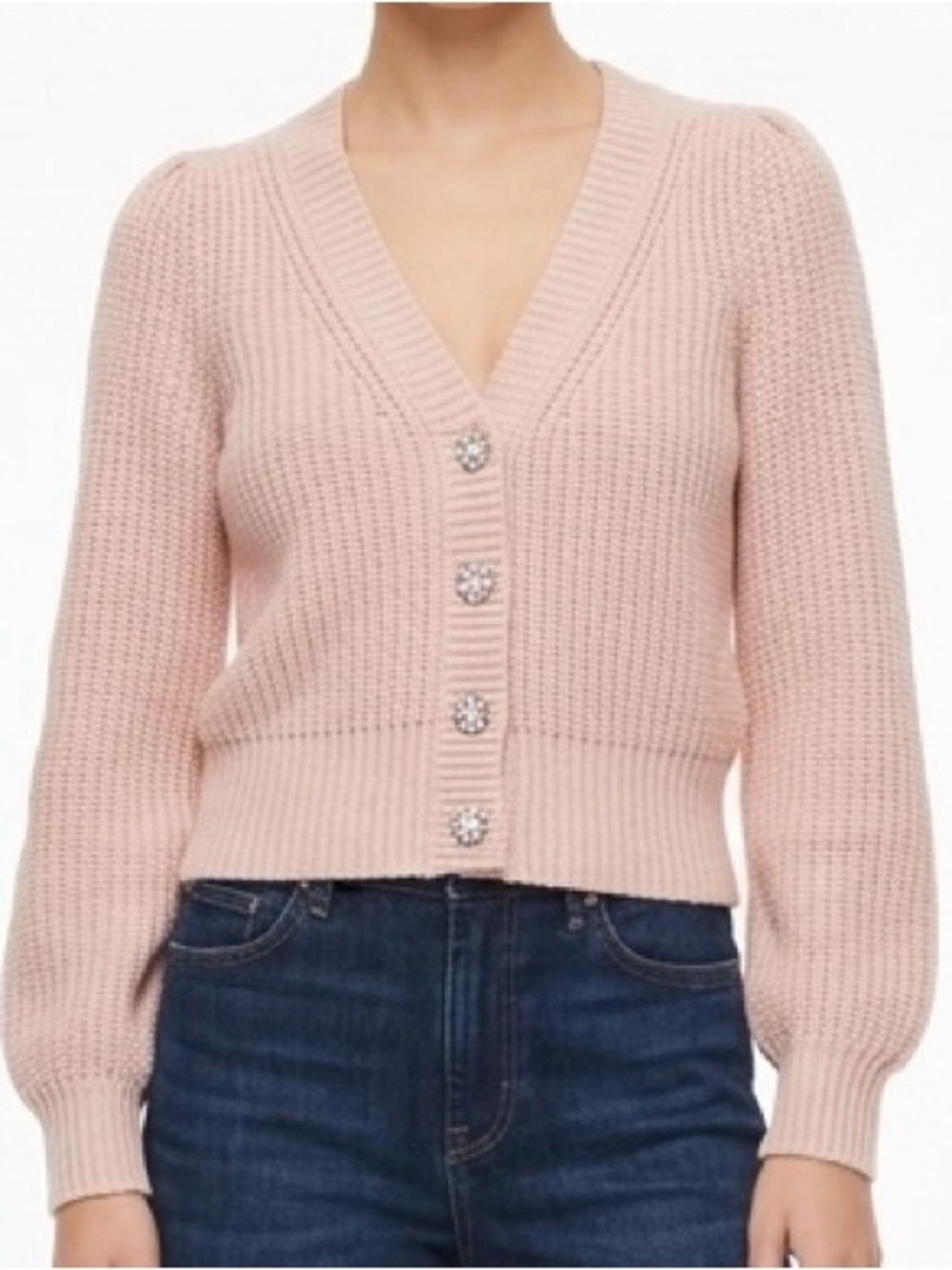 White House Black Market Large Pale Blush Rhinestone Button Shaker Cardigan